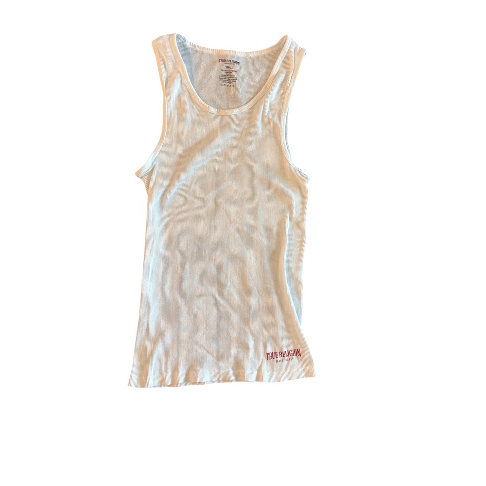 True Religion Womens White Ribbed Tank Top Logo Scoop Neck Sleeveless Small